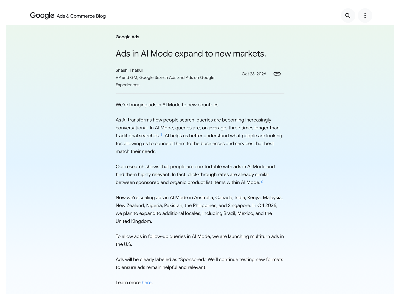 Google Ads & Commerce Blog, 28 October 2026: Ads in AI Mode expand to new markets, with the United Kingdom planned for Q4 2026 (captured 29 Oct 2026)