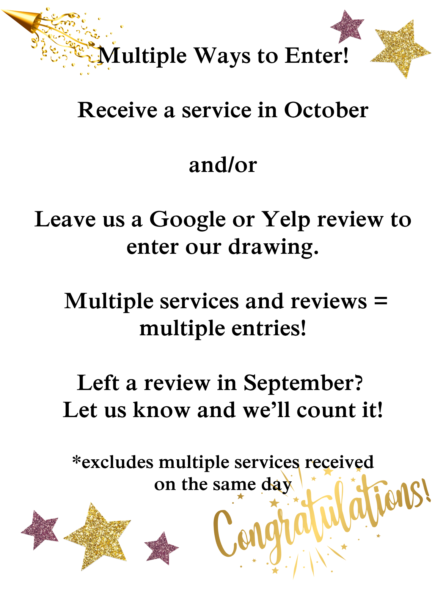 A celebratory graphic with golden and purple star decorations, a golden party horn with confetti, and text about multiple ways to enter a giveaway or contest, including leaving reviews and using multiple services, ending with a congratulatory message.