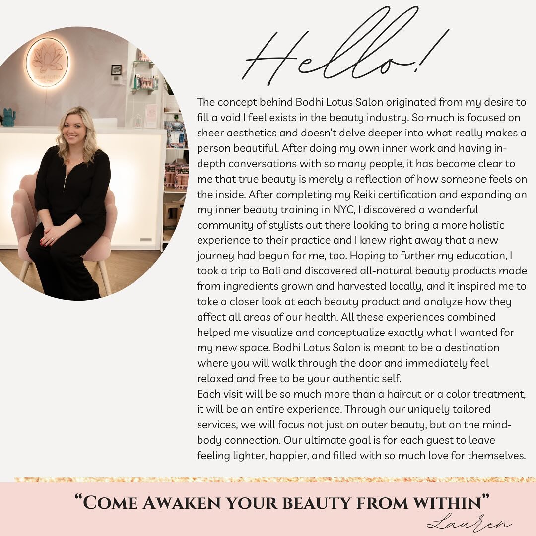 ✨Hello! 
I just wanted to welcome any new followers we have on here and to tell you about our beautiful salon ✨

The concept behind Bodhi Lotus Salon originated from my desire to fill a void I feel exists in the beauty industry. So much is focused on