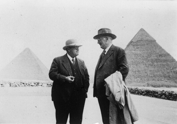 George Reisner and Georg Steindorff at Harvard Camp, looking east toward Khufu and Khafre pyramids, 1935, photo by Albert Morton Lythgoe.