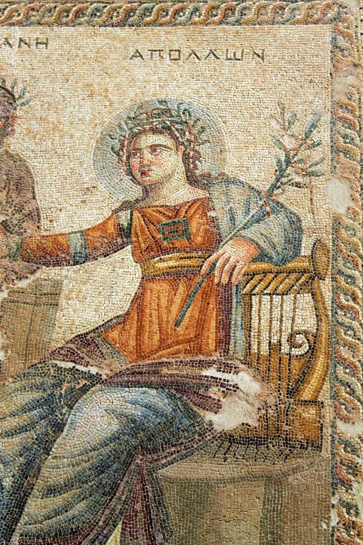 Ancient Roman mosaic of Apollo, from the archaeological site of Old Paphos, Cyprus.