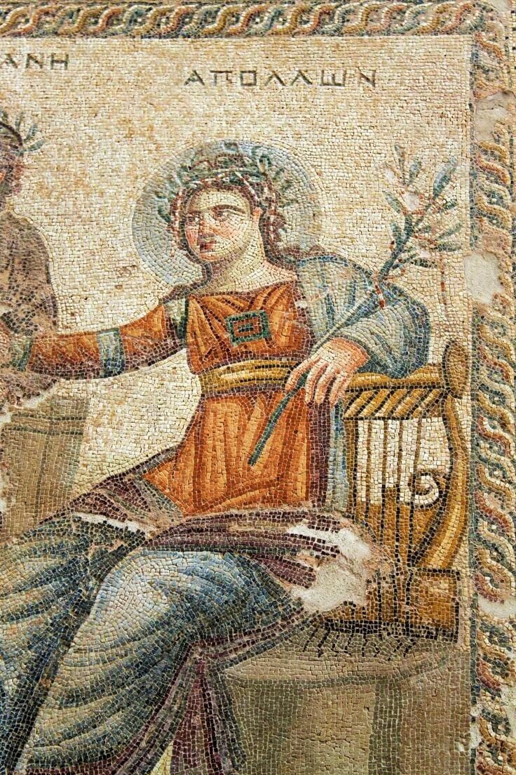 Ancient Roman mosaic of Apollo, from the archaeological site of Old Paphos, Cyprus.