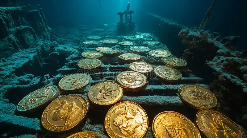 breathtaking-underwater-scene-reveals-treasure-trove-antique-gold-coins-meticulously-arranged-decaying-wooden-steps-399466607.webp