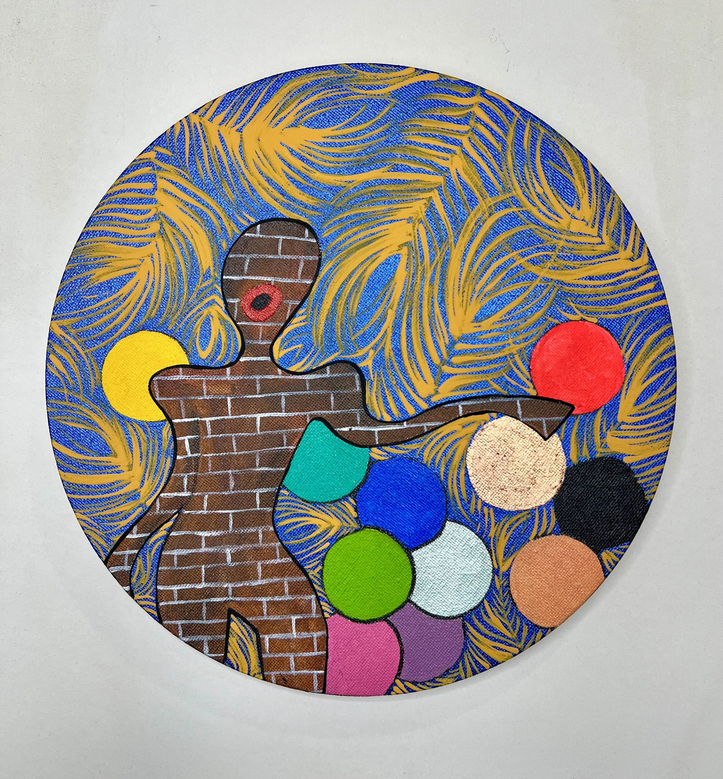 Title: Urban Peacock
Artists: Gerry GOS” Simpson & Ebony London
Dimensions: 9” circle
Medium: Acrylic on canvas