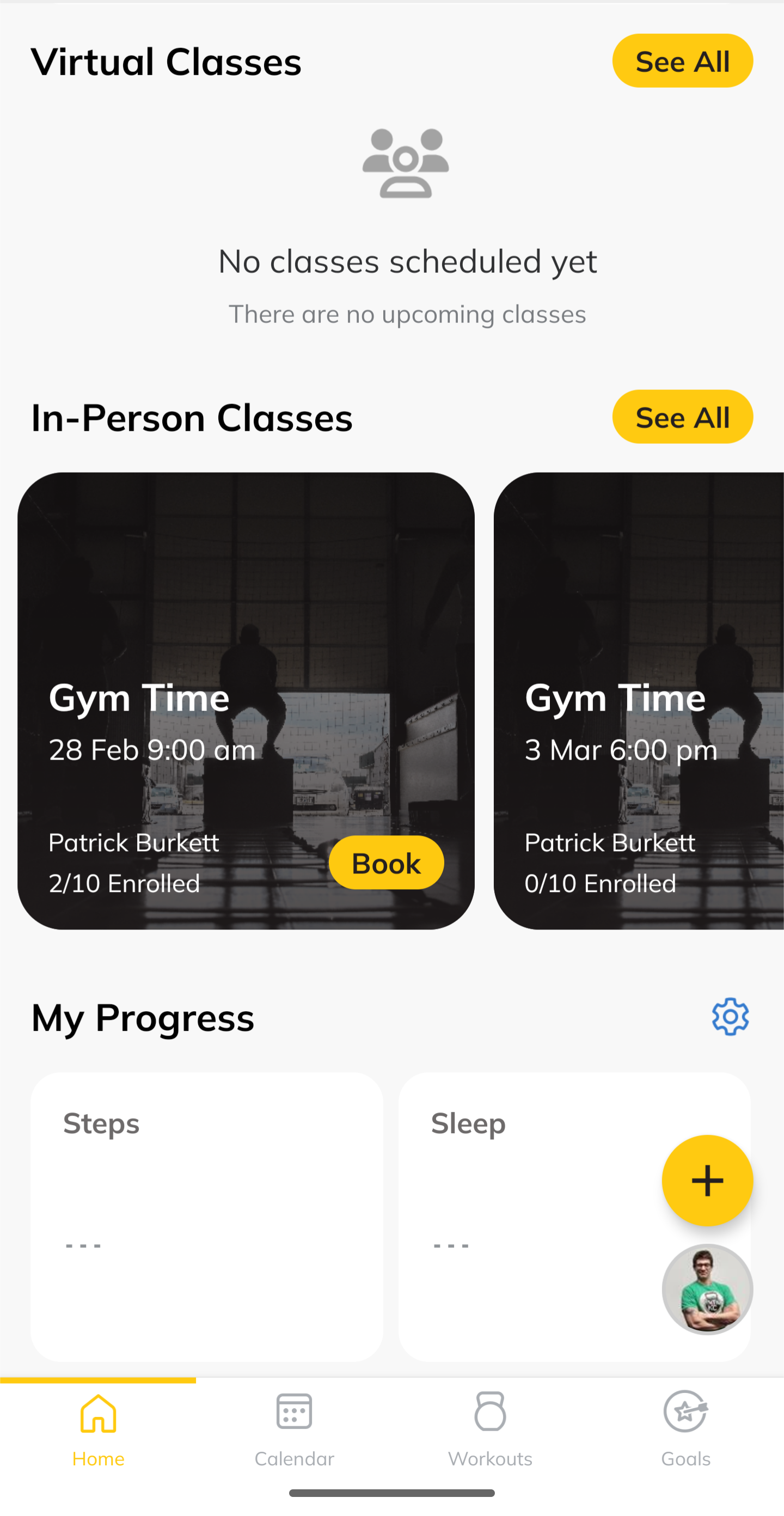 Trainerize Mobile App with Class Schedule and example "book" button