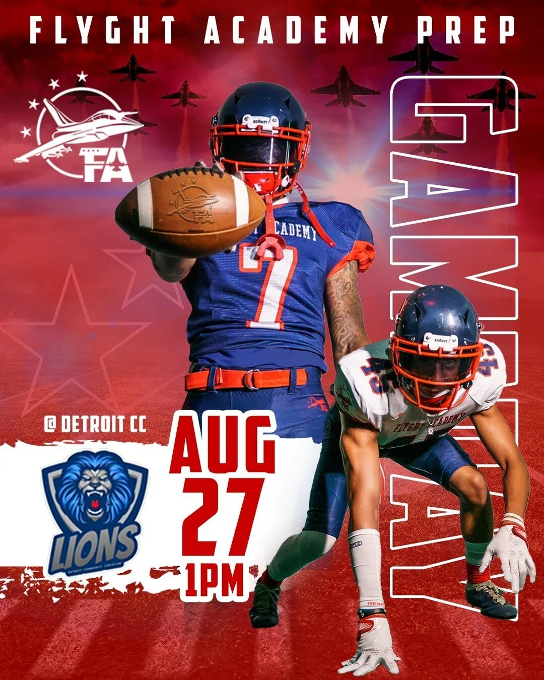 ✈️ 🏈 Gameday is finally here! Today we’re lookin’ to #takeflyght against @Detroitcccfb Drop a ✈️ to wish us luck! 
#FlyghtPrepFootball #FirstFlyght 
29995 W. 12 Mile Rd, Farmington Hills, MI 48334