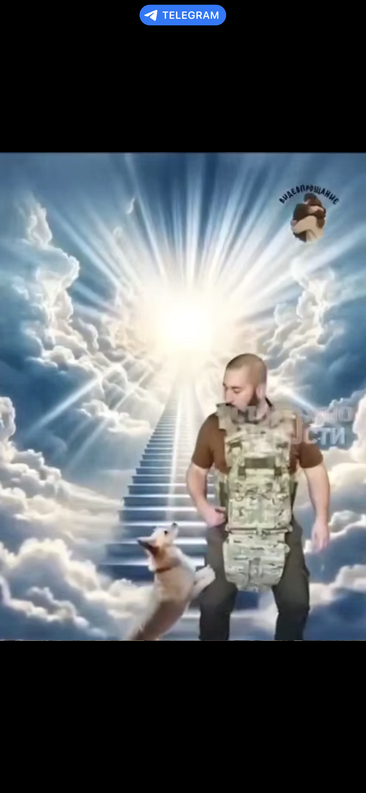 An AI slop image shows a Russian soldier wearing a brown t shirt and a camouflage tactical vest standing at the base of a stairway to heaven, surrounded by fluffy, white clouds, looking down at a small dog standing with its paws on his leg.