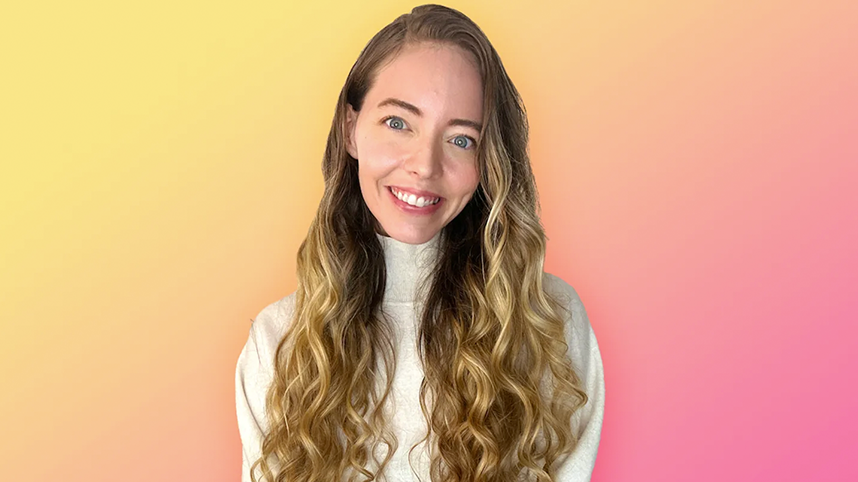 Stephanie Harrison smiling, on yellow pink gradient backgdrop