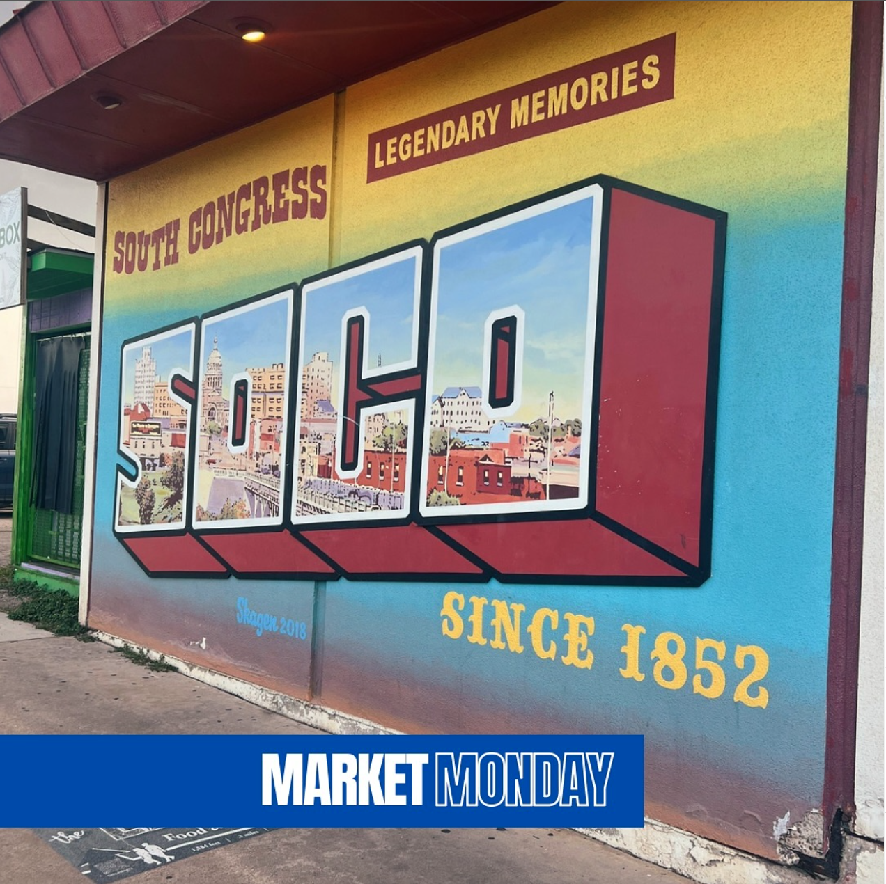 A mural on a wall celebrating San Francisco, showing a cityscape inside large 3D block letters spelling SF, with the text 'South Congress,' 'Legendary Memories,' 'Since 1852,' and 'Skagen 2018.'