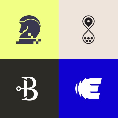 A four-quadrant collage of digital and gaming icons: top left features a pixelated dark knight chess piece on a light yellow background; top right shows a stylized beaker and location pin on a textured beige background; bottom left has a black background with a white letter B and a gear symbol; bottom right displays a white and blue stylized head profile on a dark blue background.