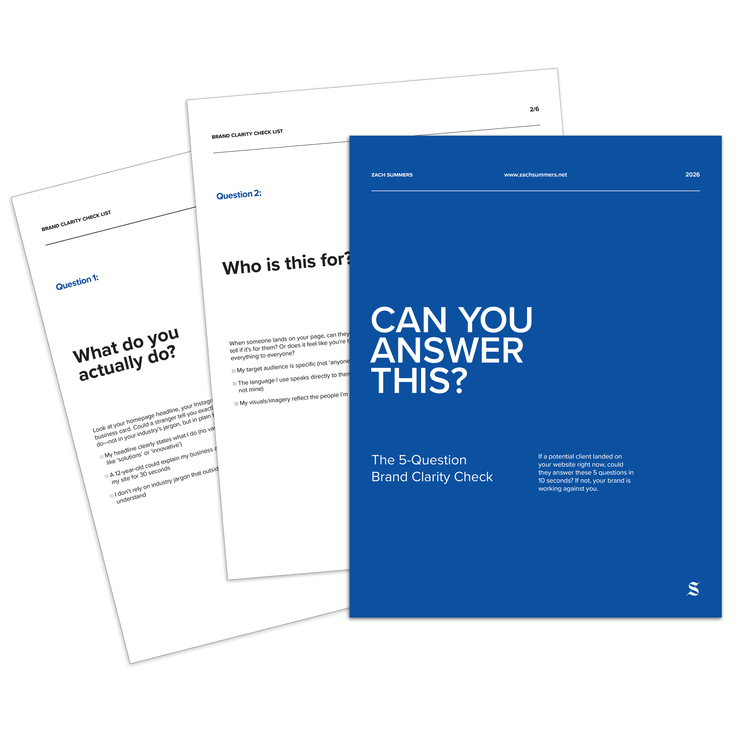 Blue and white booklet titled 'Can You Answer This? The 5-Question Brand Clarity Check' with two other pages partially visible underneath.