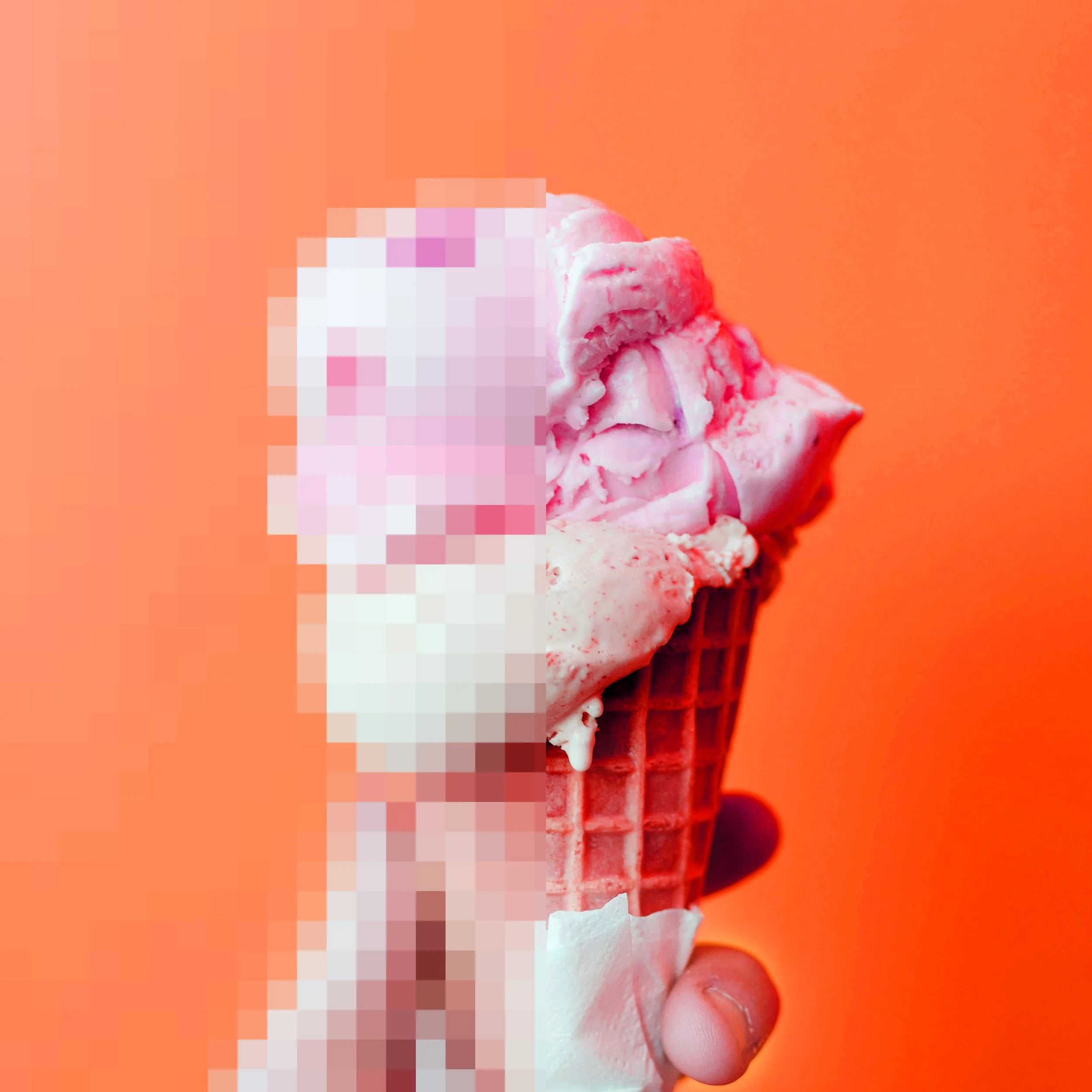 Half of the image is pixelated, and the other half shows a hand holding a pink ice cream cone against an orange background.