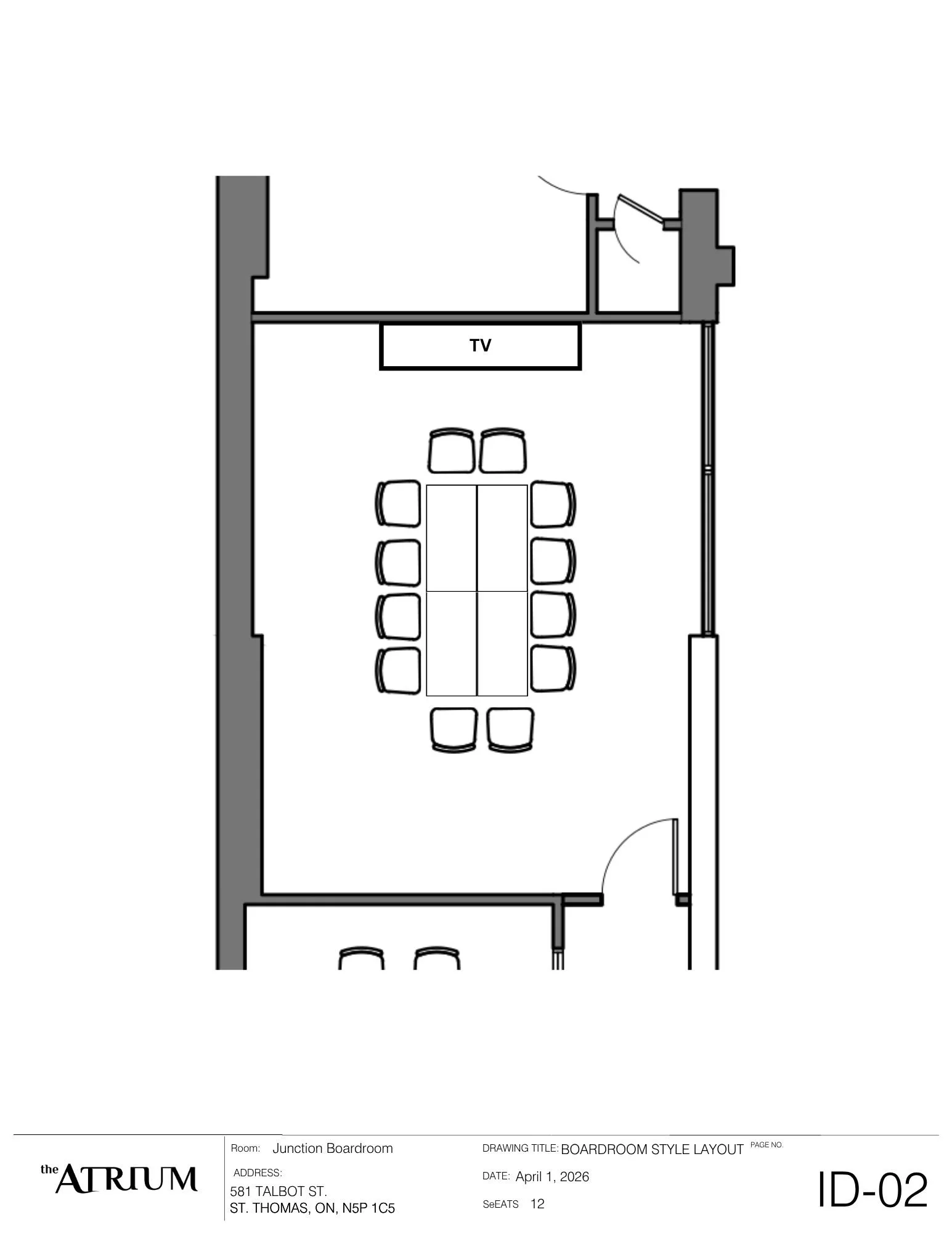 Meeting room layout for 12 at one communal table at The Atrium 581 Talbot Street