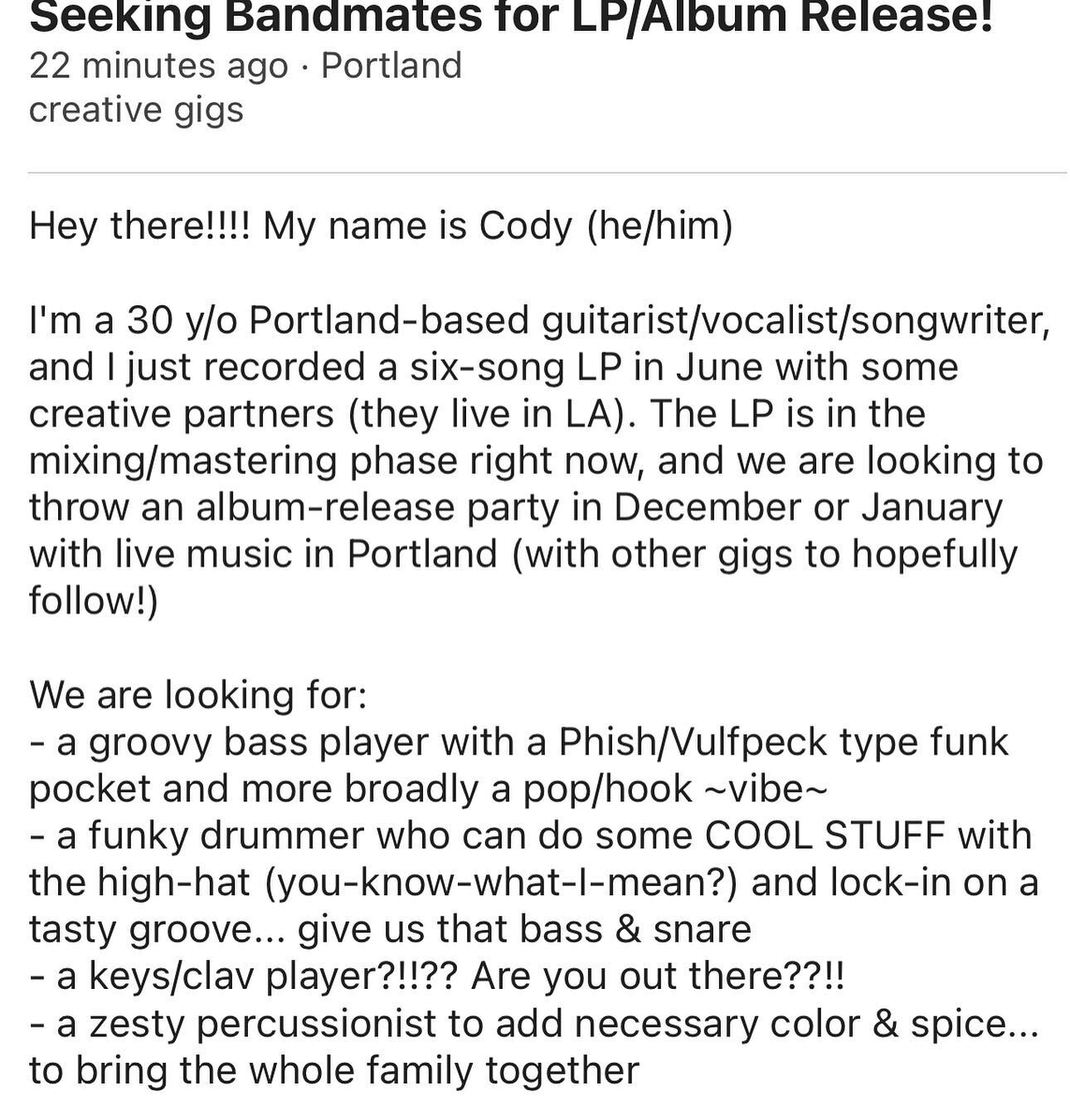 we&rsquo;re live on PDX craigslist for bandmates 🌻🕶️🎹🎸🎤🥁