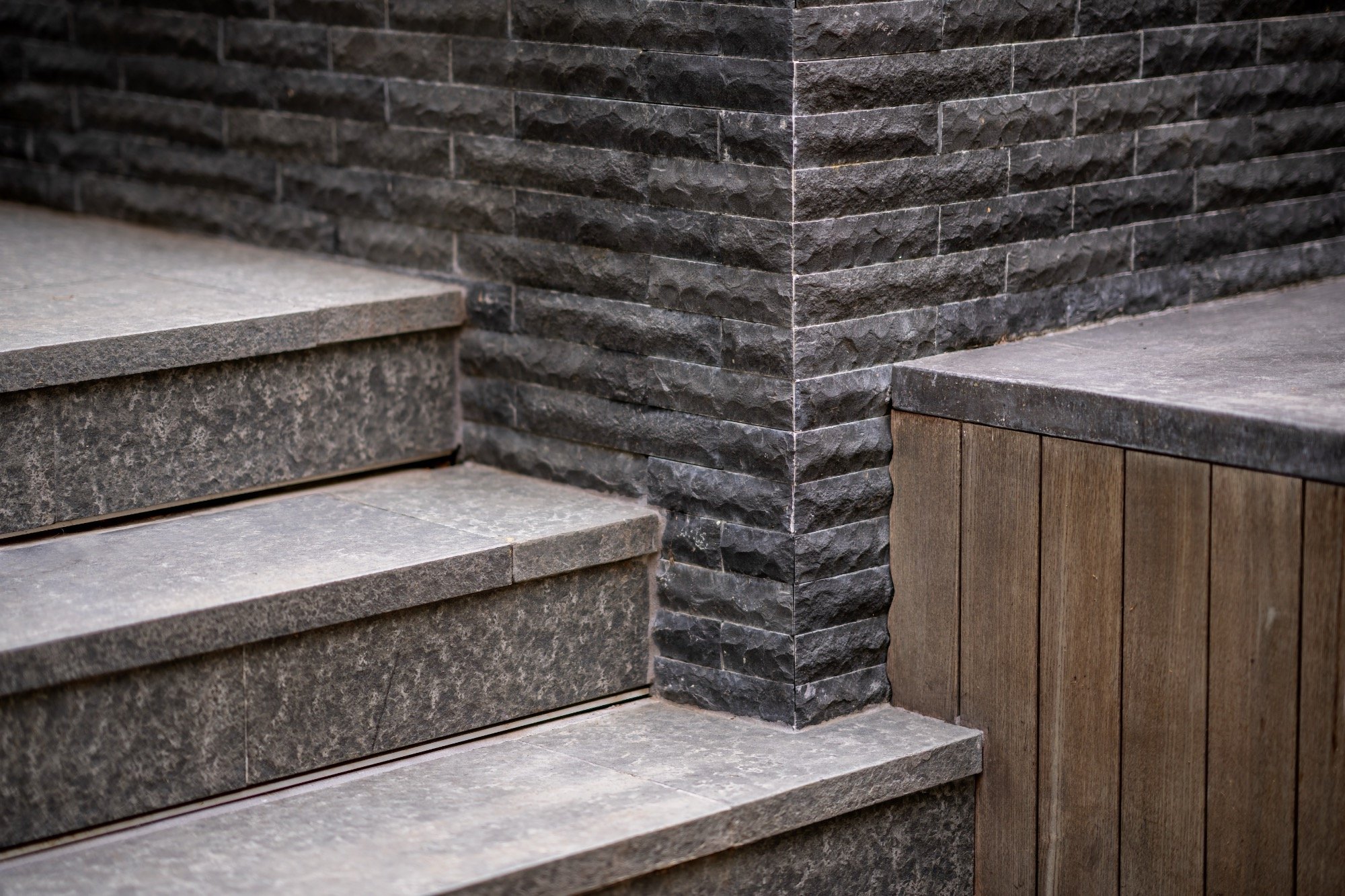 Basalt stone walls and steps in a San Francisco garden