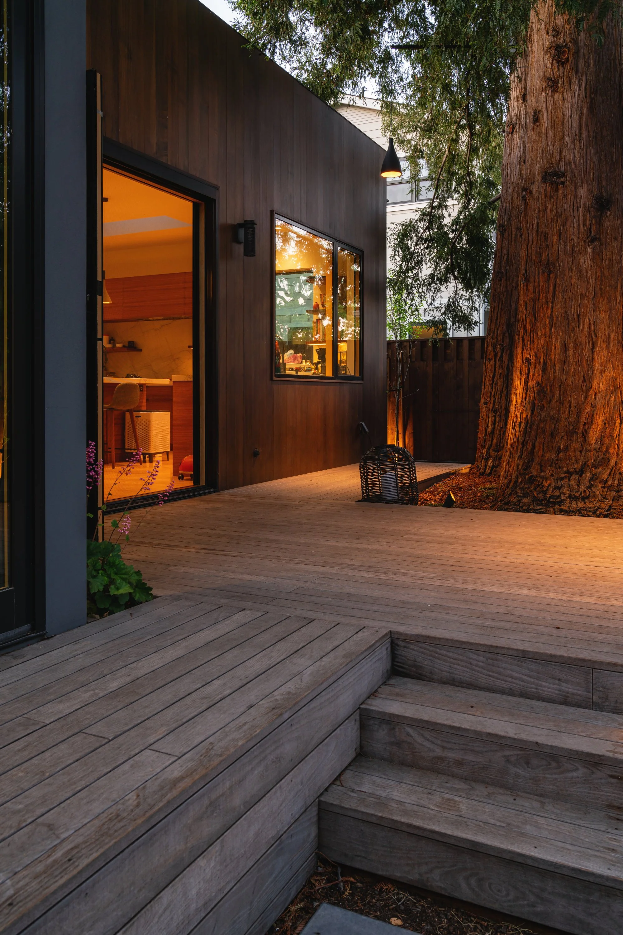 Modern deck with lighting under the Redwoods