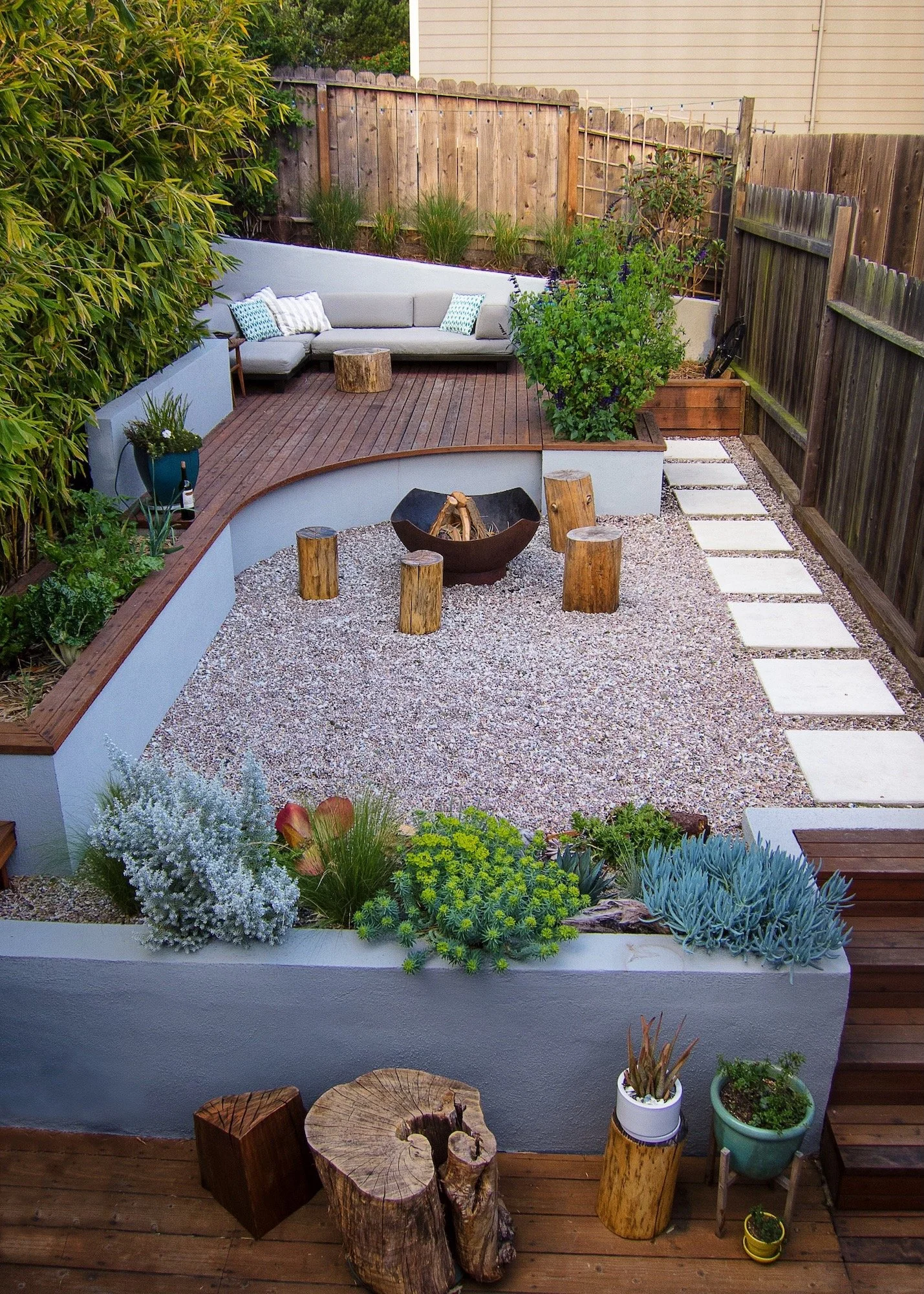 Modern garden with firepit and deck in Potrero Hill