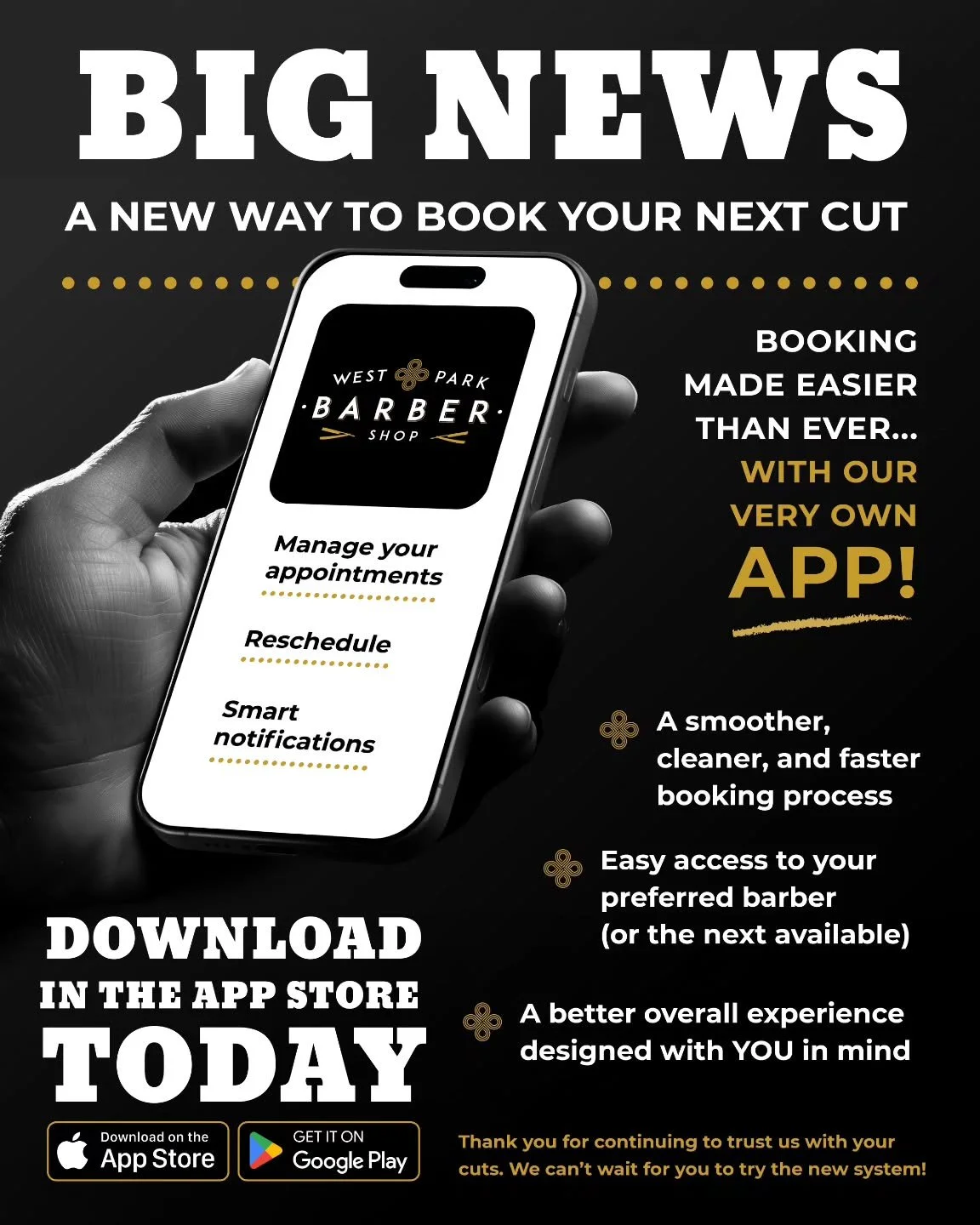 Big News: A New Way to Book Your Next Cut ✂️📲 

We&rsquo;ve got something exciting to share with all of our amazing customers! Starting October 9th, West Park Barber Shop will officially be switching to a brand-new booking system&mdash;our very own 