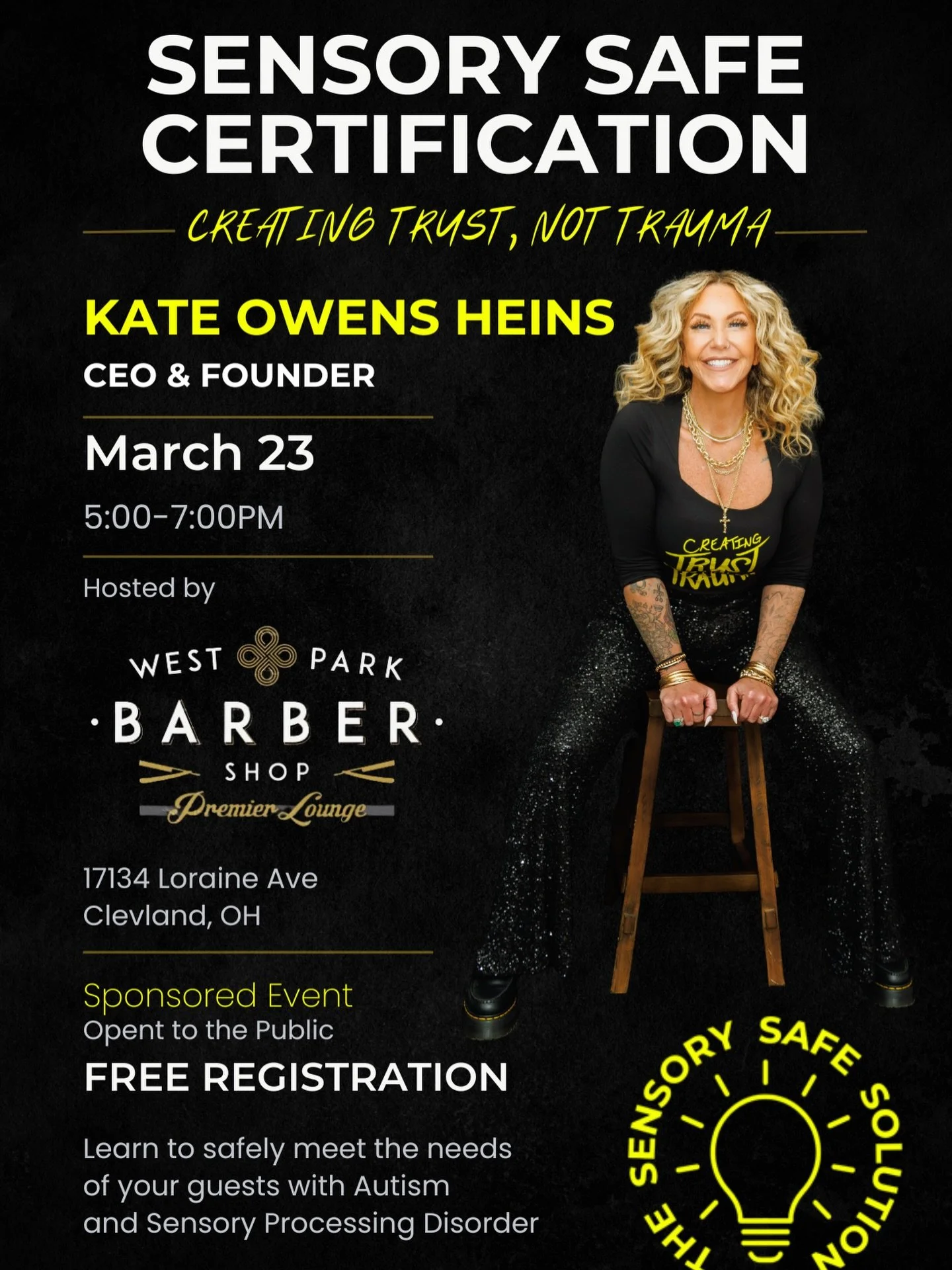 We&rsquo;re excited to host Sensory Safe Certification with Kate Owens Heins at West Park Barber shop premier lounge .

This class is open to the public and we welcome all barbers, stylists, salon professionals, and anyone interested in learning how 