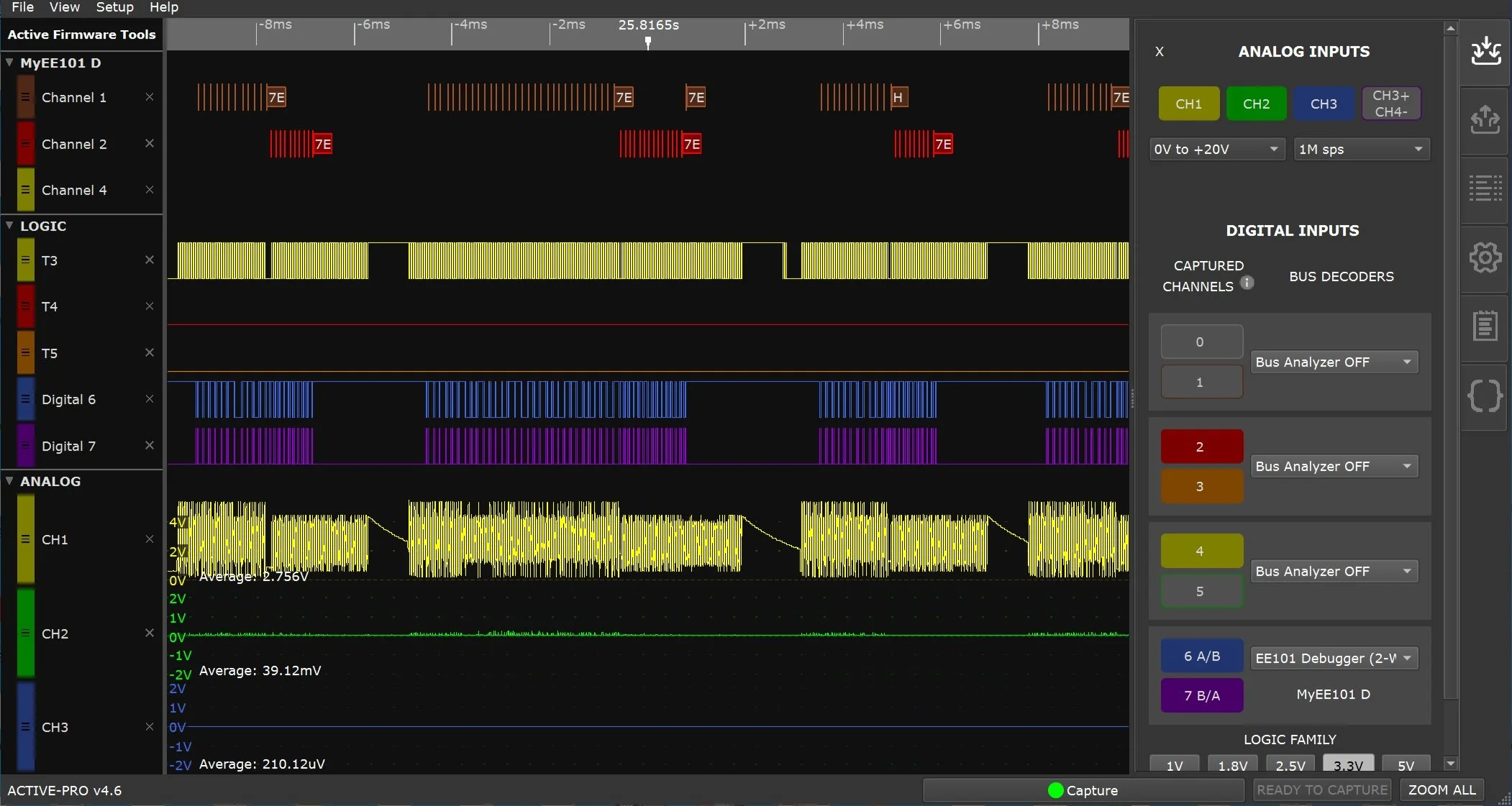 Screenshot of an oscilloscope or signal analyzer displaying multiple waveforms in different colors, including digital and analog signals, with sections labeled for channels and logic families on the right side of the interface.