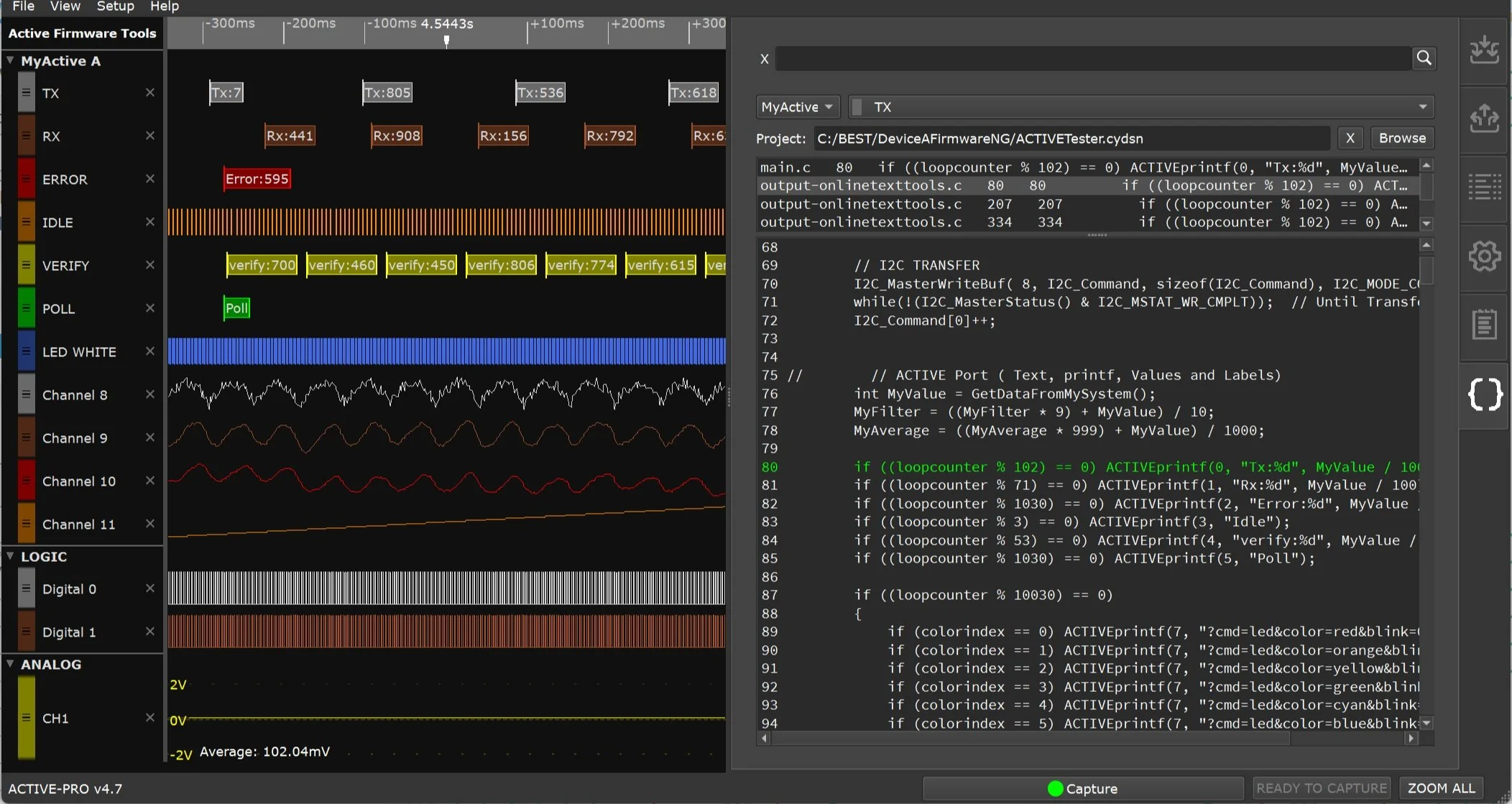 Screenshot of an active firmware testing software with various graphs, data streams, and code snippets. Displays channels labeled TX, RX, ERROR, IDLE, VERIFY, POLL, LED WHITE, Channel 8-11, LOGIC, and ANALOG. Contains colored indicators and waveforms