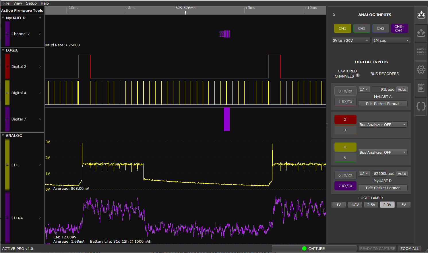 Oscilloscope screen showing digital signals, analog voltage waveform, and UART data. The digital signals include Channel 7, Digital 2, Digital 4, and Digital 7. The analog waveform displays voltage levels with a notable spike at the beginning and som