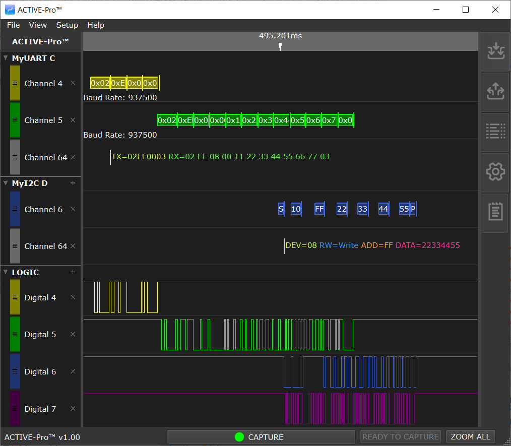 Screenshot of an active Pro electronic design automation software displaying various channels with hexadecimal data, digital signal waveforms, and communication protocol information.