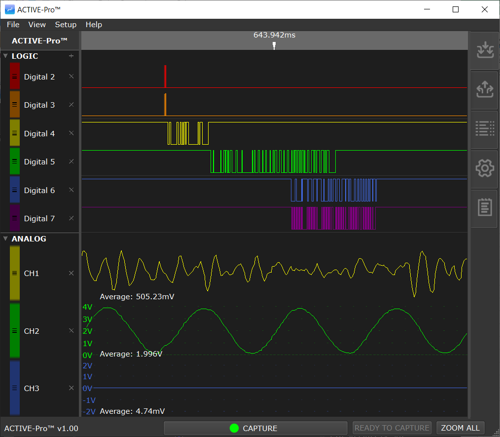 Oscilloscope display showing digital signals in multiple colors and analog signals in yellow and green, with time measurements and settings.