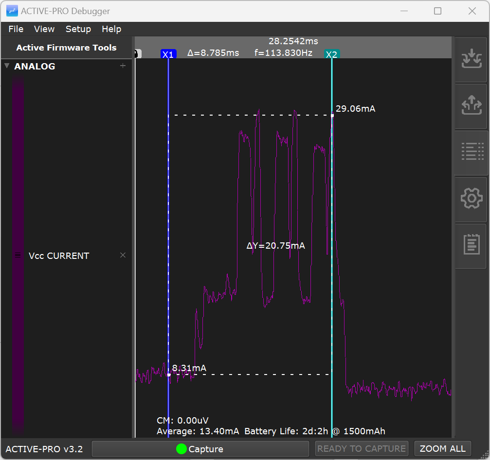 Screenshot of an Active-Pro Debugger software interface showing a graph of Vcc current over time with multiple measurements and markers, and various control options on the right side.