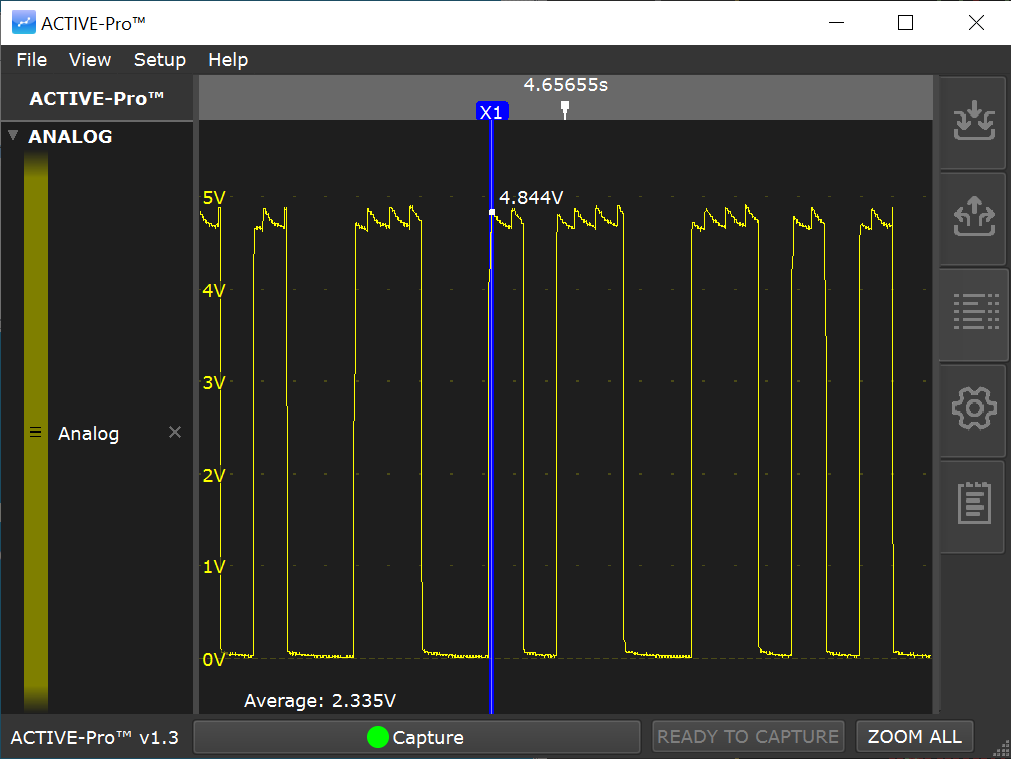 Oscilloscope display with multiple rectangular digital pulses, showing voltage levels around 4.8V to 5V, with a time scale of approximately 4.7 seconds per division.