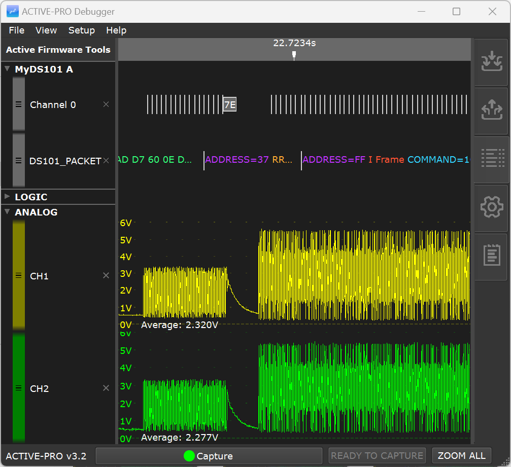 Screenshot of the ACTIVE-PRO Debugger software displaying analog waveform graphs and packet data analysis.