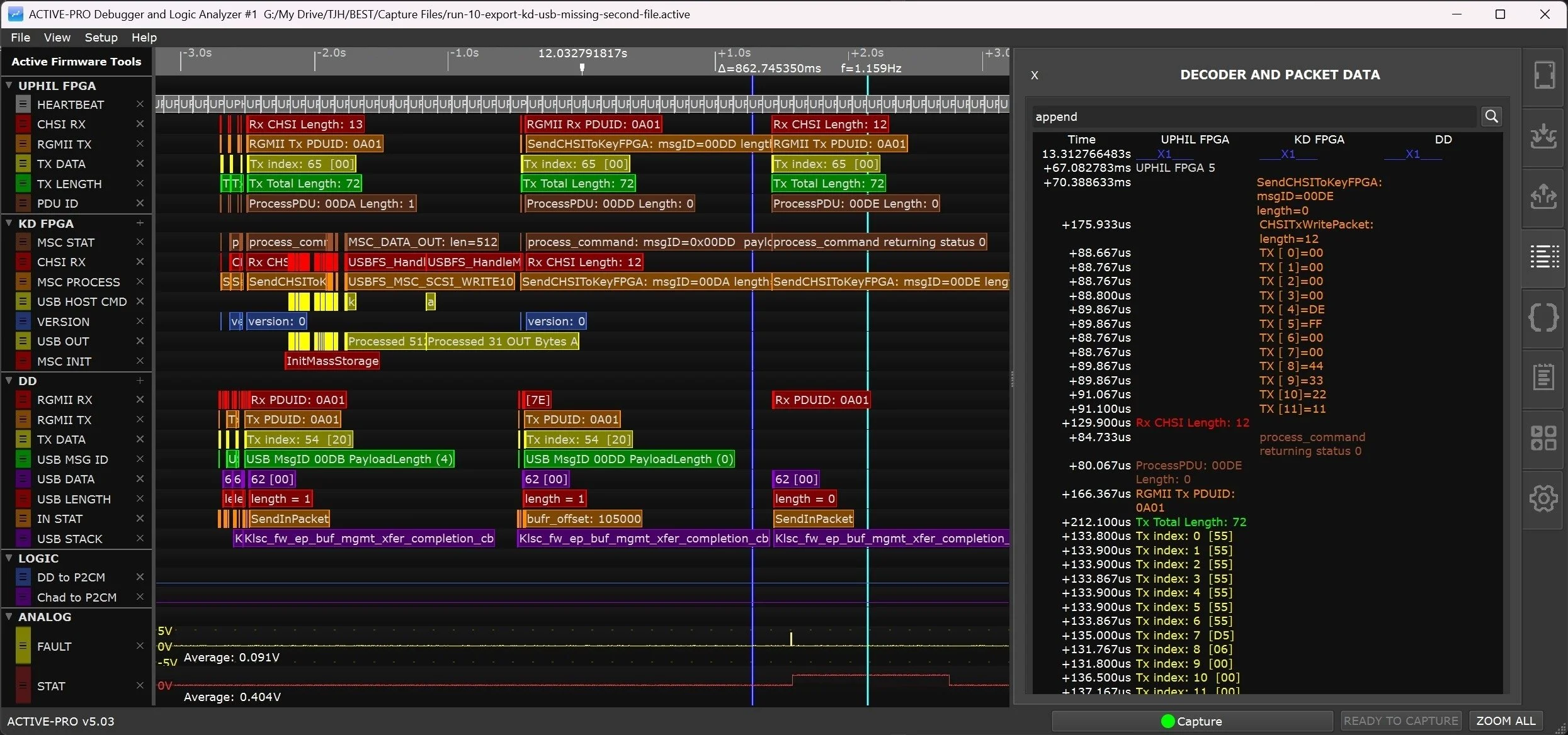 Active-Pro Debugger application showing firmware, hardware, and analog signals on one timeline