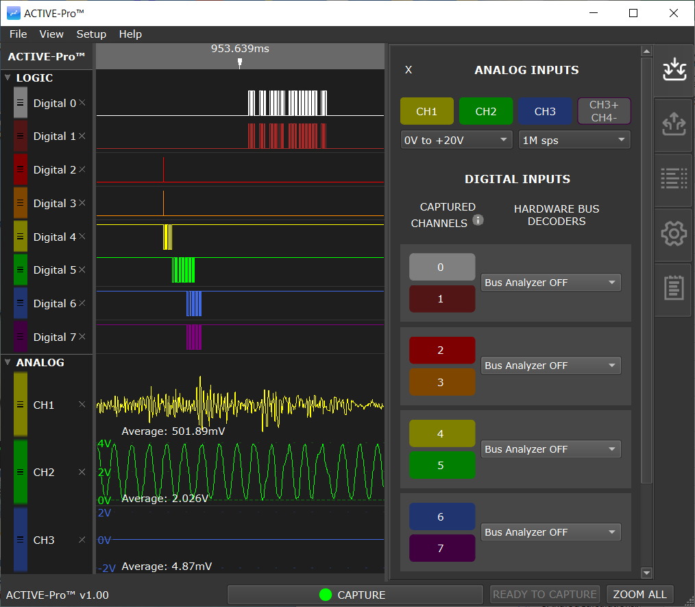 Screenshot of an ACTIVE-Pro™ software interface showing digital and analog input waveforms, with channels labeled CH1 through CH7, including barcodes and voltage readings.