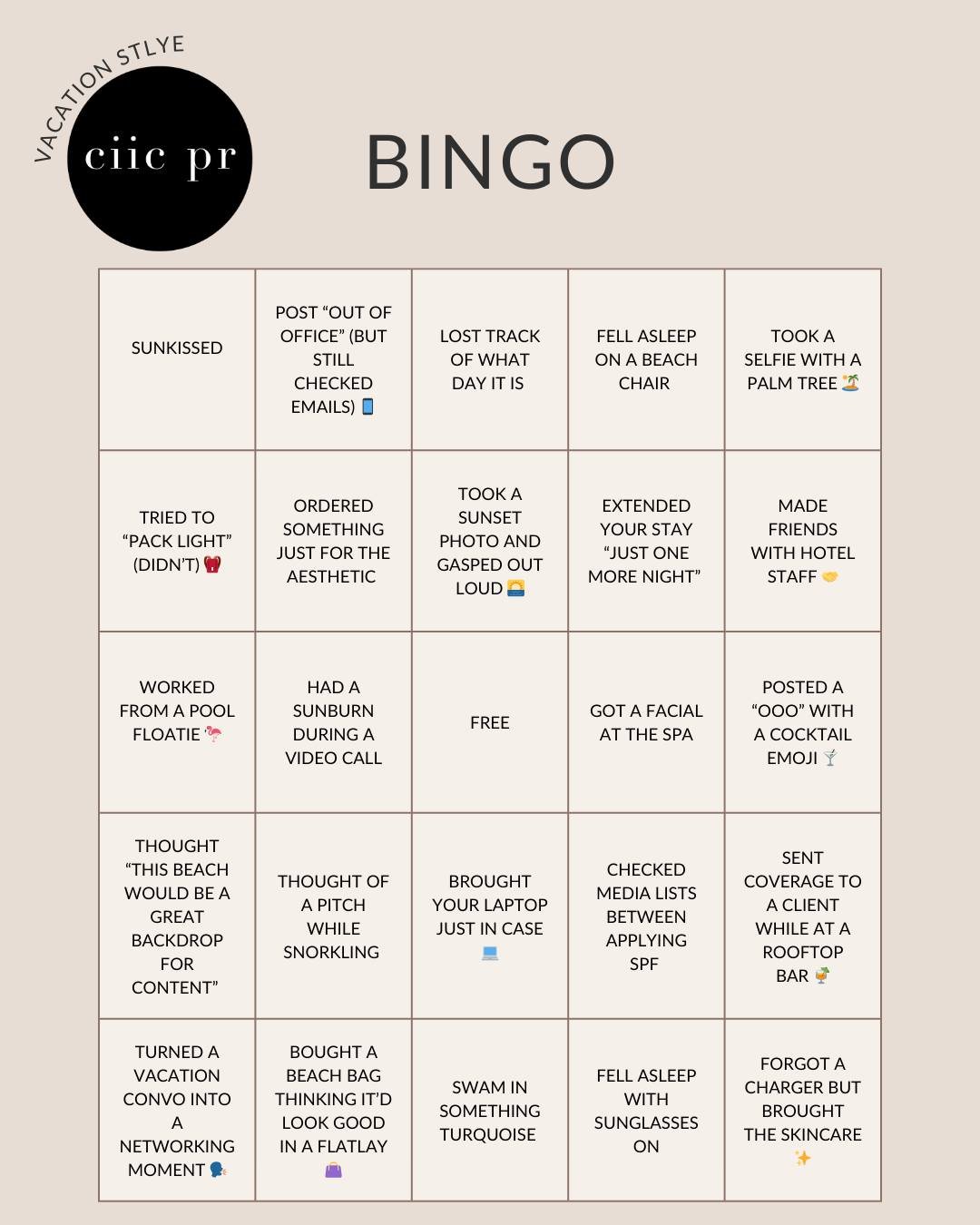 Out of office, but the PR brain never truly turns off. 🌴 
Introducing our Vacation Mode: PR Edition bingo &mdash; a playful take on what it really means to unwind (while staying just a little bit on). 
📍Tag someone who would hit bingo in under 24 h