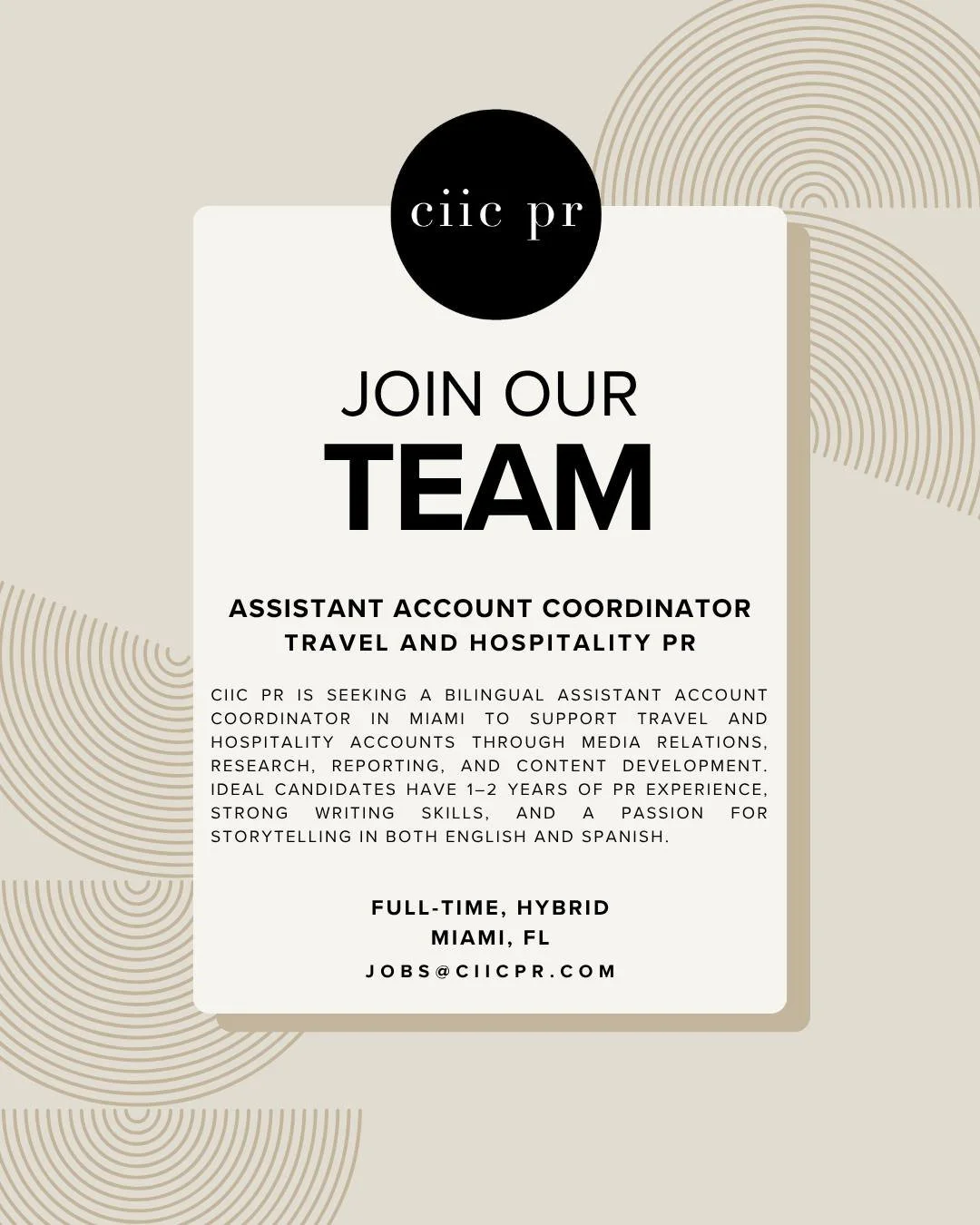 We’re growing our Miami team! 🌴✨ CIIC PR is hiring an Assistant Account Coordinator to support luxury travel + hospitality clients. This is your chance to grow your PR career with a team that loves what we do — and if media, storytelling