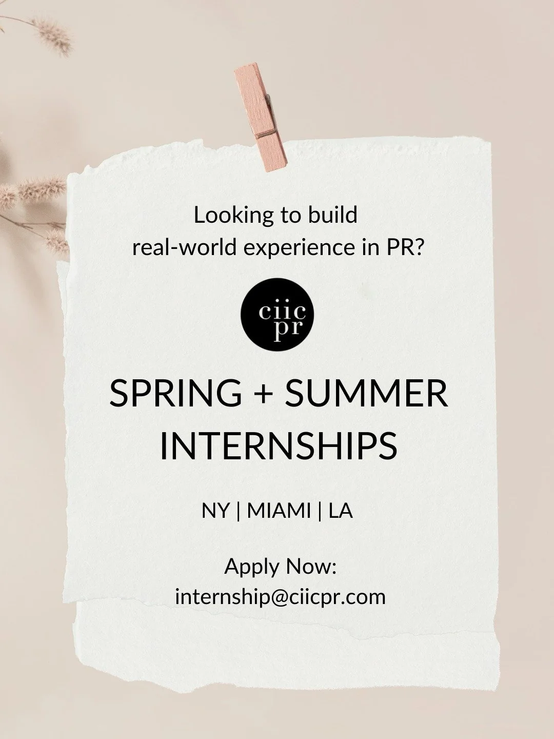 Exciting PR internship opportunities at CIIC PR! 🌐✨

Join our dynamic teams in New York, Miami and LA for hands-on experience across the travel &amp; hospitality, food &amp; beverage, and lifestyle industries. 🏆🚀 We&rsquo;re currently accepting ap