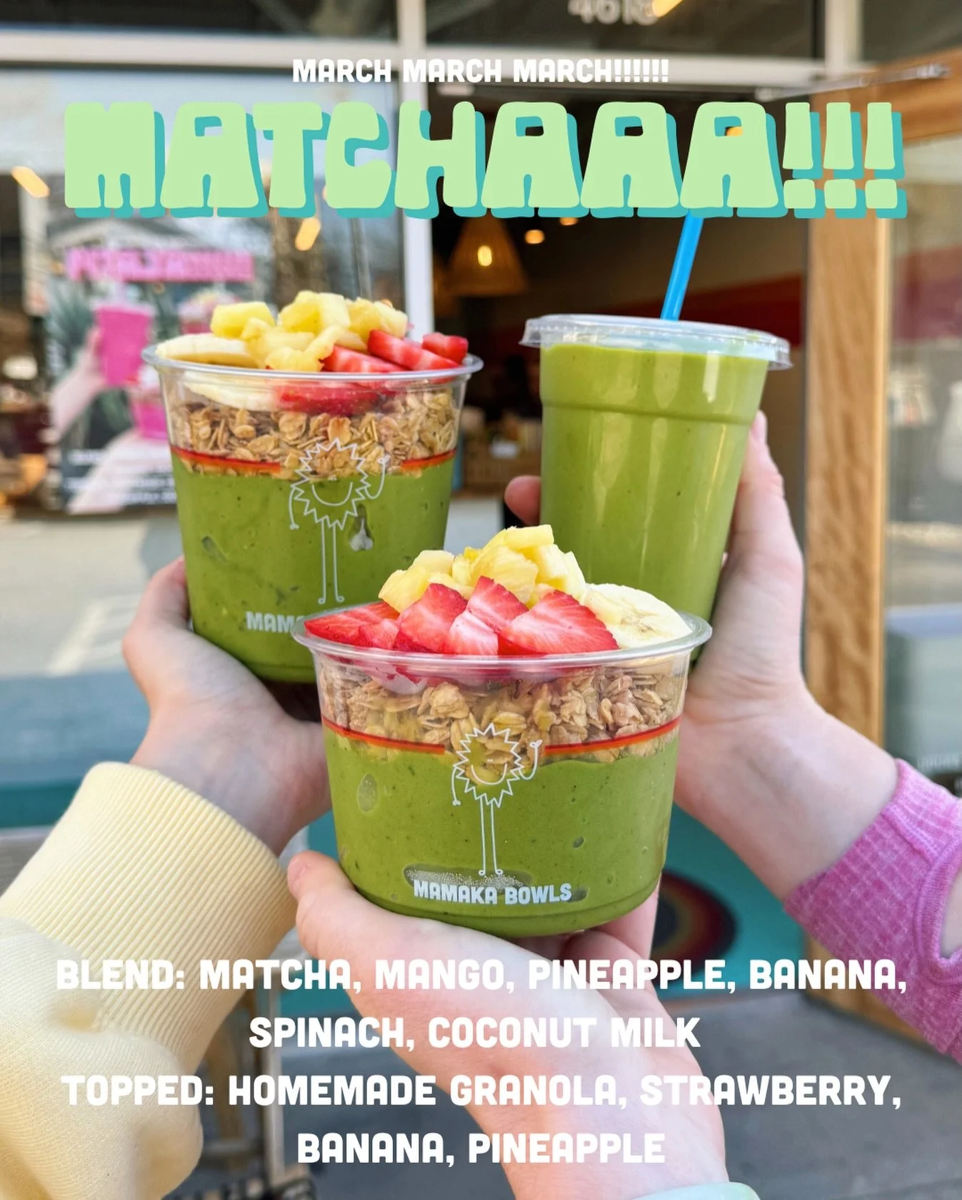 welcome back march!!!!!!! WELCOME BACK MATCHAAA!!!!! 💚🥭🍌🌴 available now in store and online 😏🫶🏽 AND!!! more fun springy things coming this weeeeeeeekkkk!!!! 👀🥤⚡️