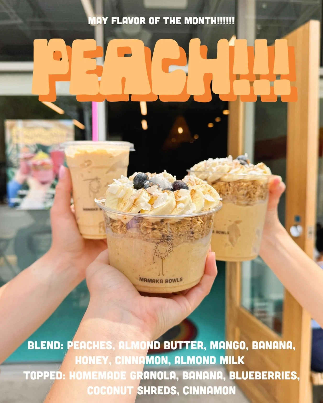 APRIL SHOWERS BRING MAY&hellip;&hellip;PEACHES!?!?!🍑🍑🍑🍑🍑 oh ya baby it&rsquo;s peach time!!!!! ur granny&rsquo;s peach cobbler but make it a smoothieeee!!!! YOU&rsquo;RE GONNA WANNA TRY THIS ONE 👀🍑⚡️✨ OUT NOW!!!! go go go go gooooo!!! 🍑🥥👏🏼