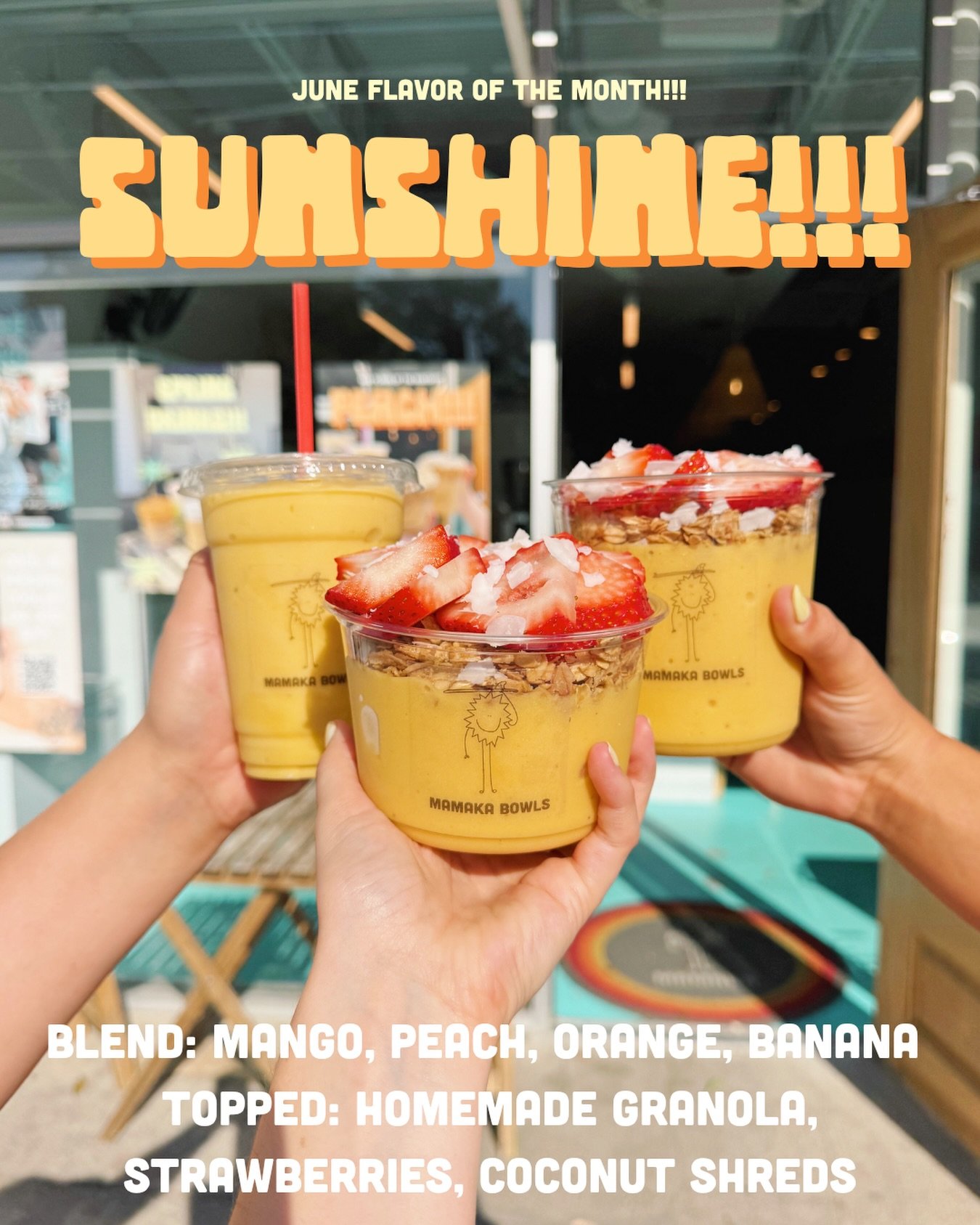 happy juneeeeee!!!! FINALLY FEELS LIKE SUNSHINE!!!!!🌞🧴🍑🍊🍌 our sunshine flavor is out nowwww!!!!!! featuring mango, peach, orange, &amp; banana in the blend ANDDDD our granola, stawbs &amp; shreds on topppp!!!! 🥥🌞🍊 WOOOOO!!!!!!