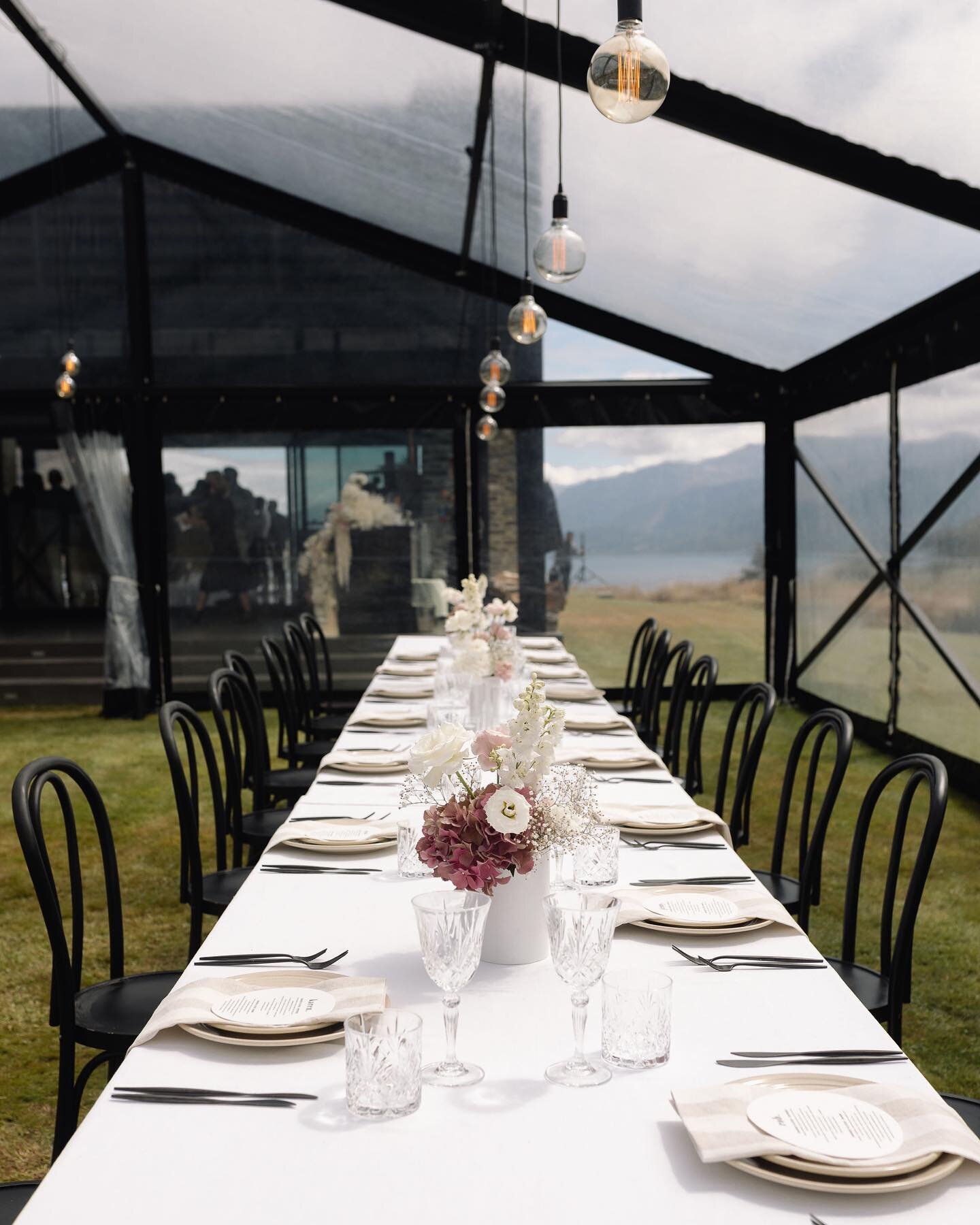Our Alps Edition Marquee looking sleek + beautiful Lake Wakatipu making an appearance in the background.

The dream team behind this magic // @onefinedayweddings ~ styling &amp; planning @allbunchedup_ ~ florals @visualeventsqueenstown ~ lighting and