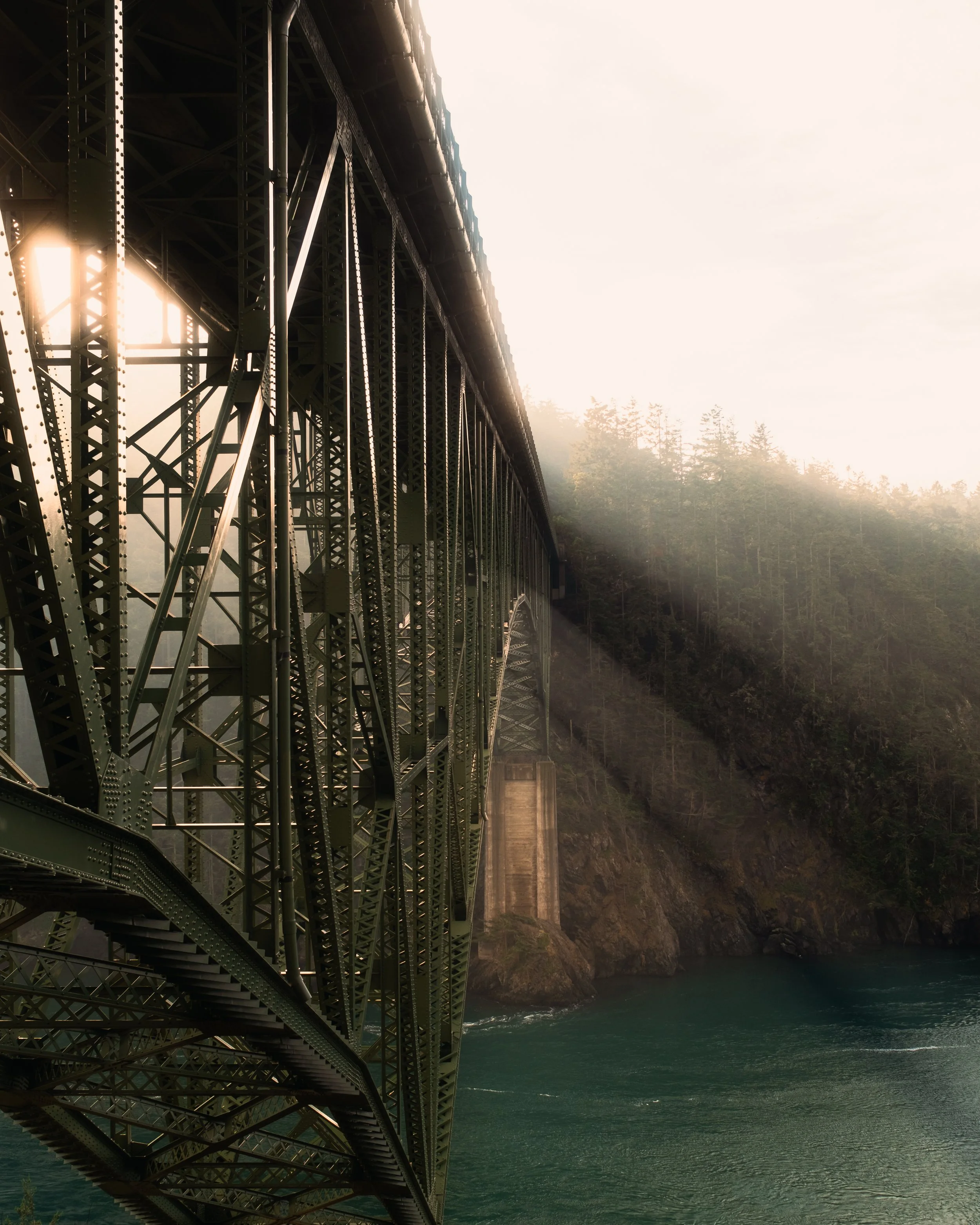 A view of a large steel bridge with trees in the background and water below, taken during foggy weather.