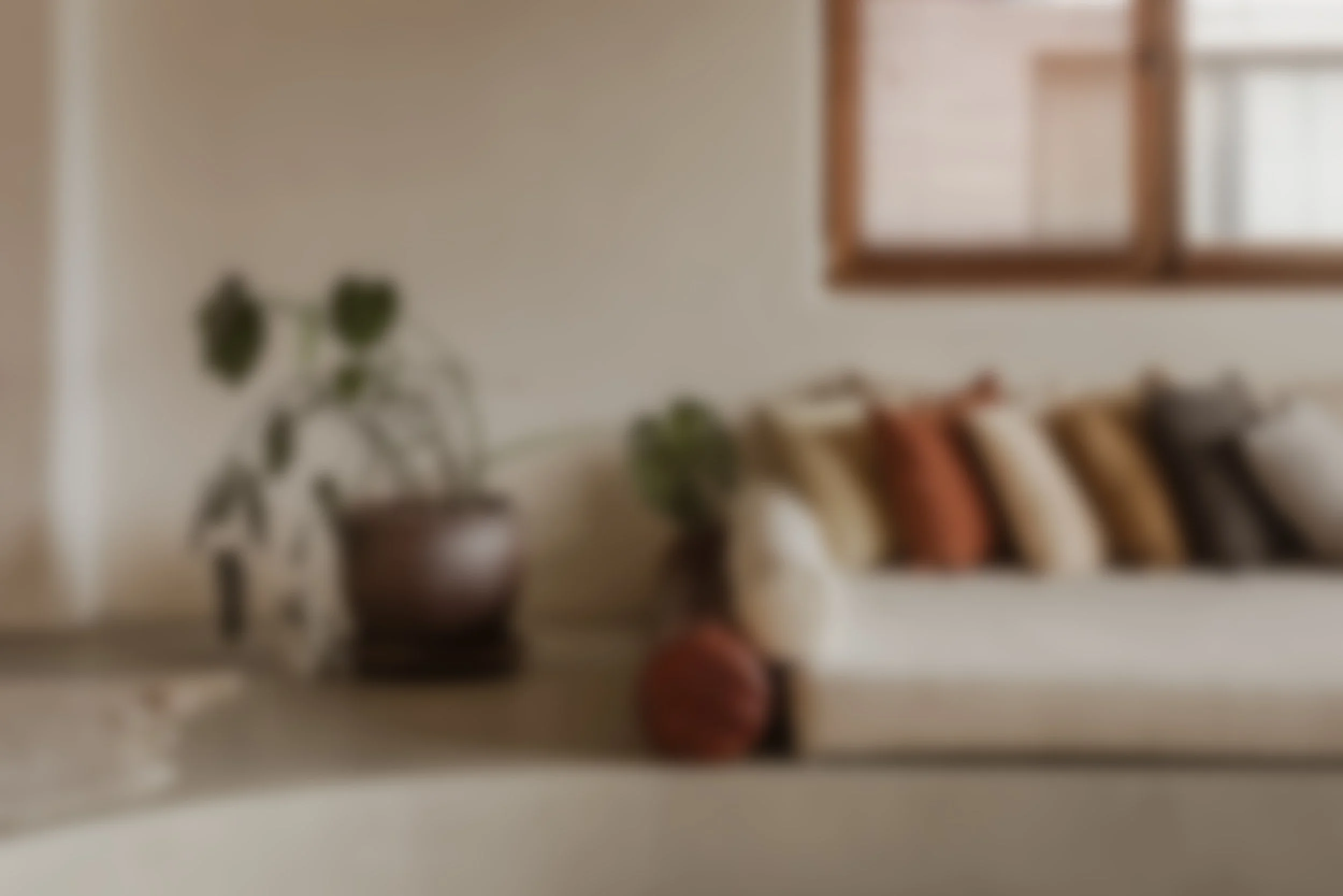 A blurred image of a living room with a white sofa, decorative pillows, a window, and a potted plant on a table.