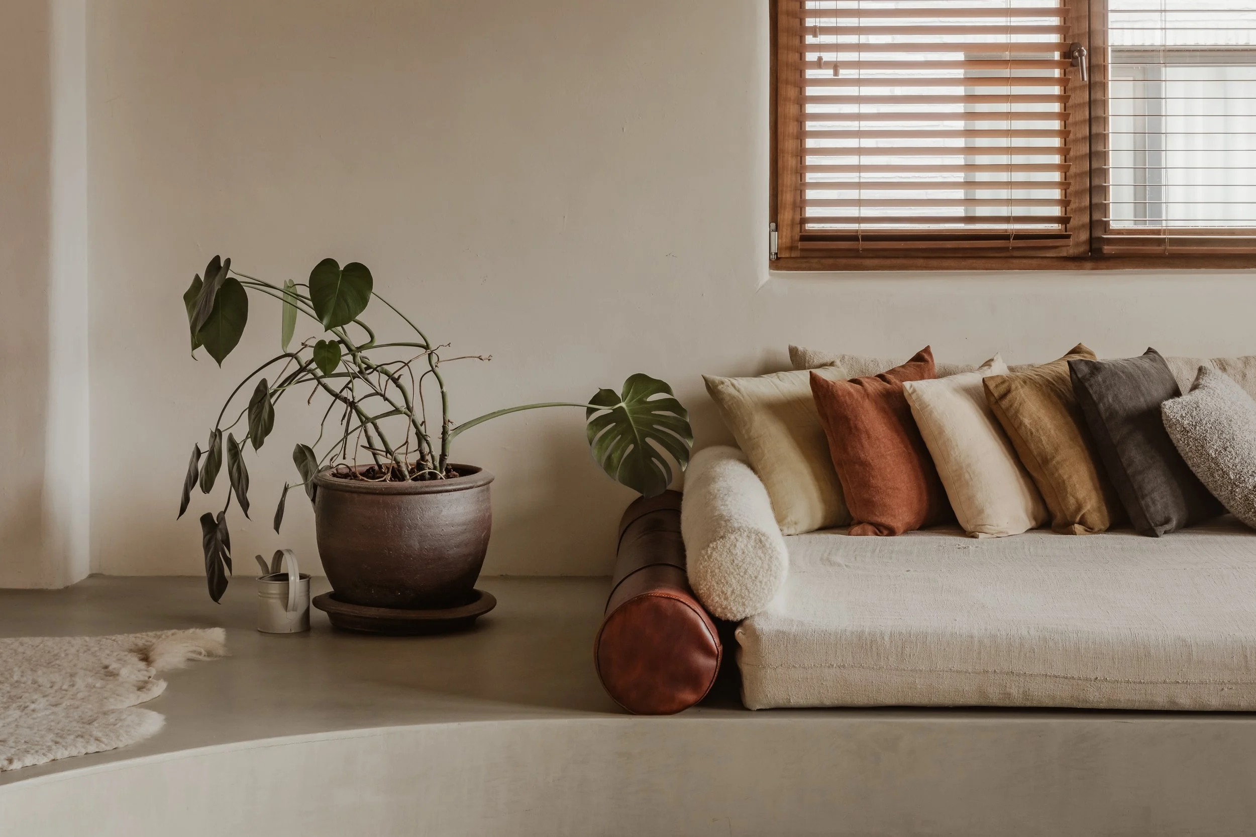 Living room with a beige sofa, colorful throw pillows, a potted plant, and wooden window blinds.