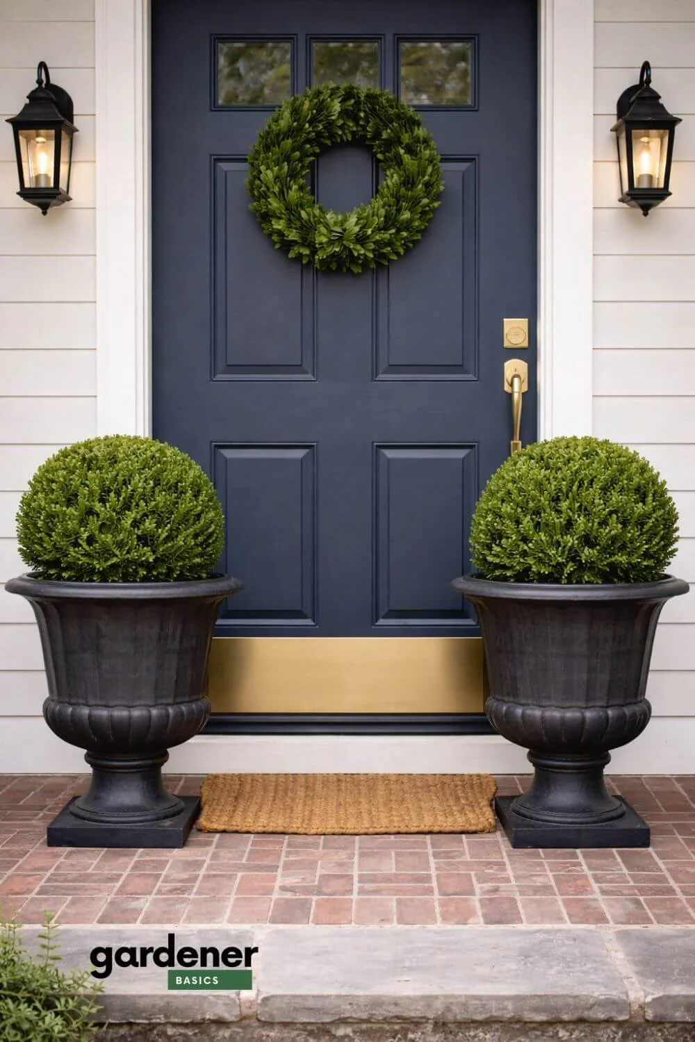 Boxwood planters on porch
