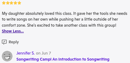 Five star testimonial detailing how this online songwriting camp is the best in the world