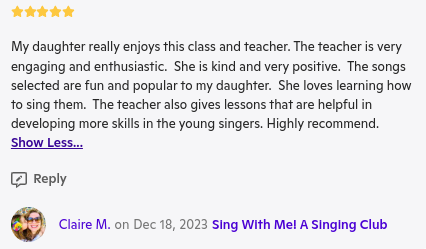 Five star testimonial detailing how this online group singing class for kids is the best in the world