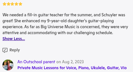 Five star testimonial detailing how this online private guitar lesson is the best in the world