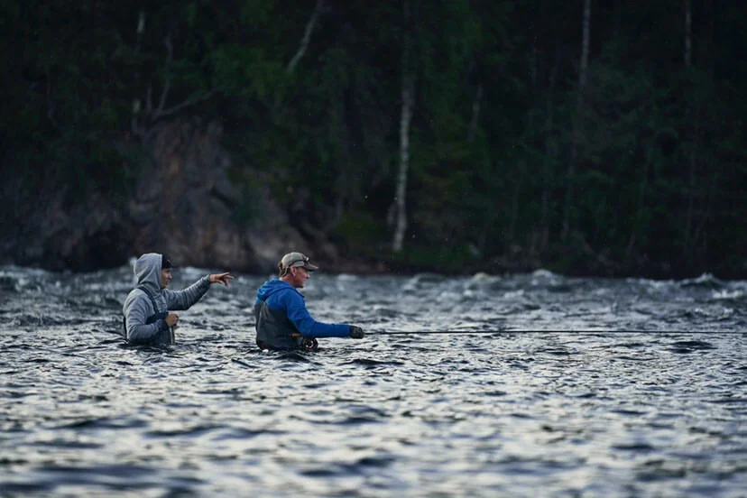 Leif and Aslak went in deep, to search for the fish in more fast water