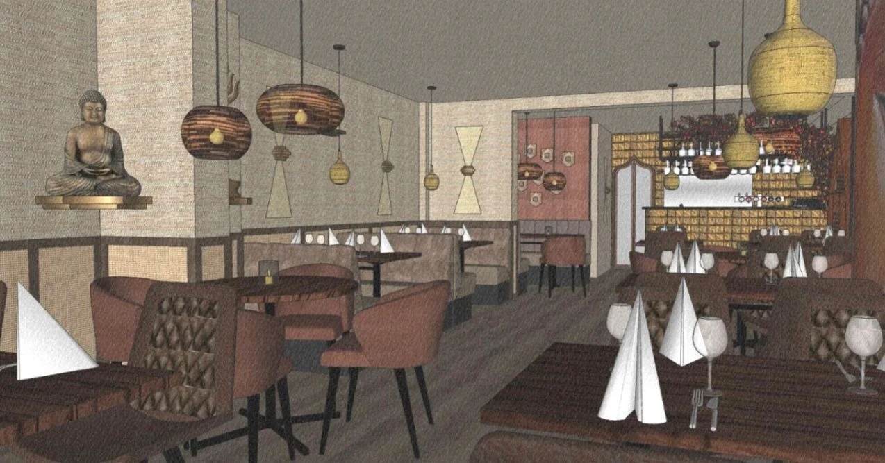 H3DWIG | Interieur Concept &amp; 3D-Ontwerp | interieuradvies en 3D-ontwerp voor restaurant Royal Thai Amsterdam in schetsstijl, in samenwerking met @stijlhet #schetsstijl #3dschetsstijl  #thaisrestaurant #3dvisualisatie  #horecainrichting #graffitiw