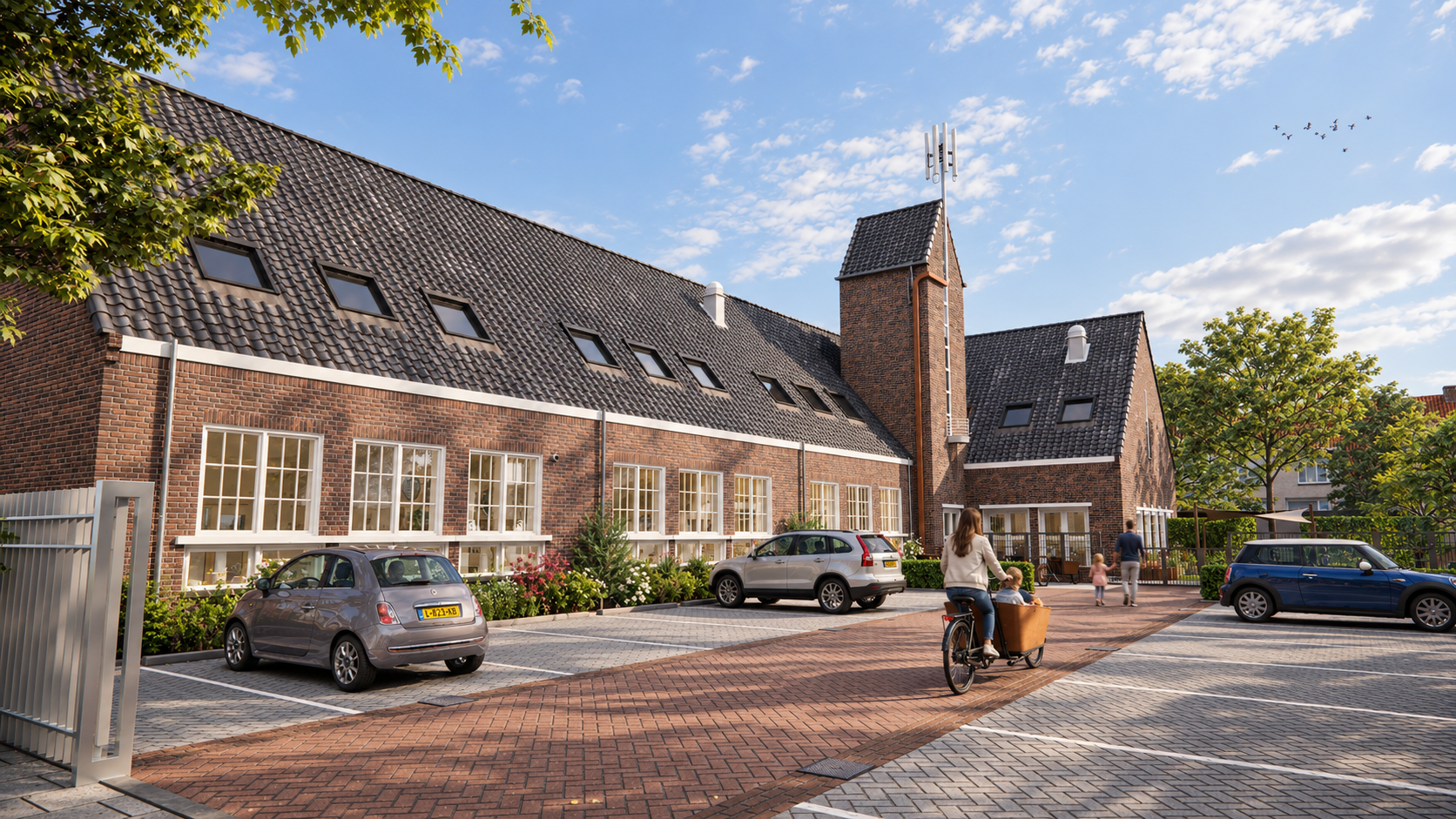Zonnige bakfietstocht bij schoolgebouw.png